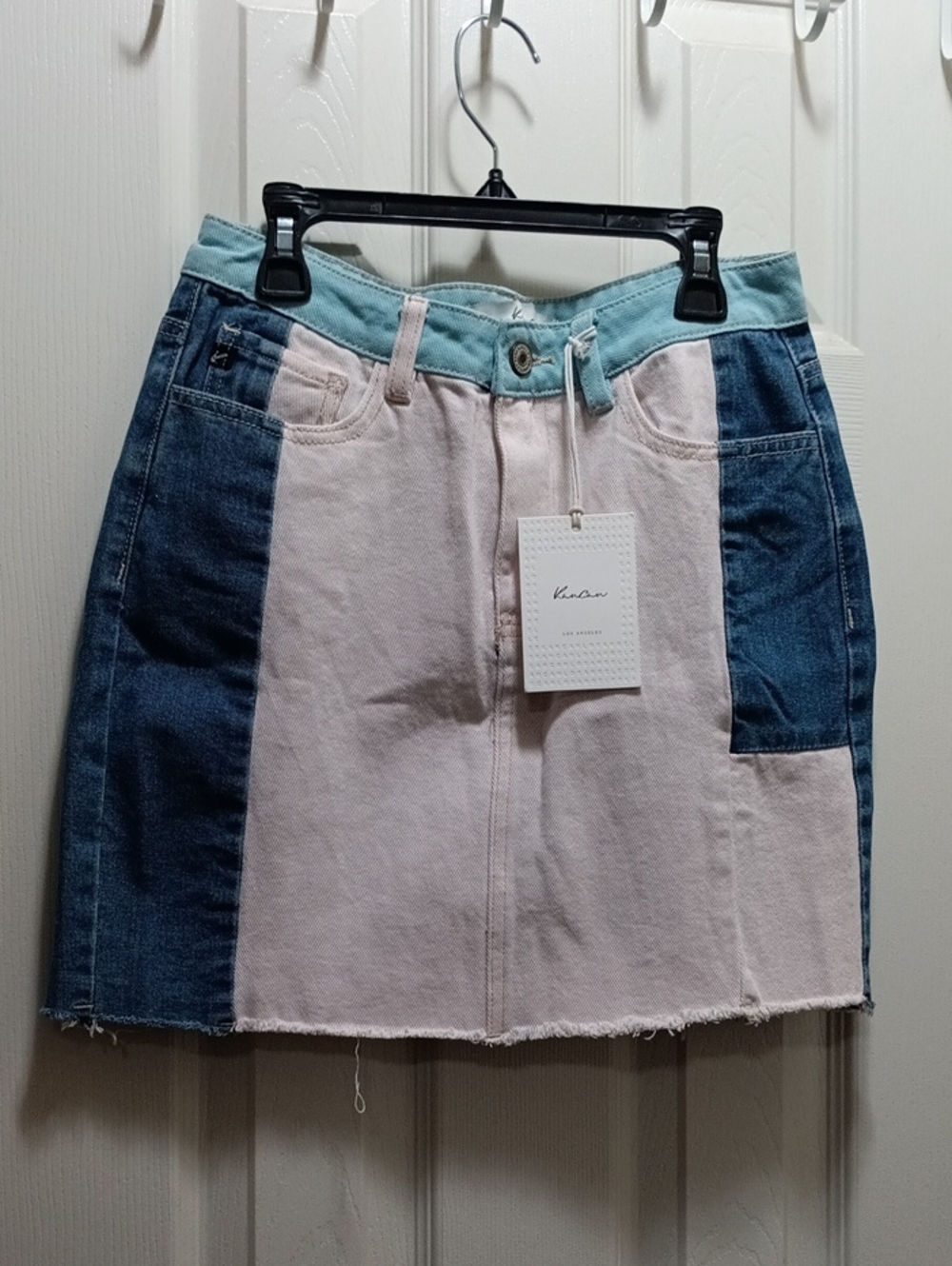 KanCan Mixed-Denim Patchwork Mini Skirt in Pink, Blue & Mint